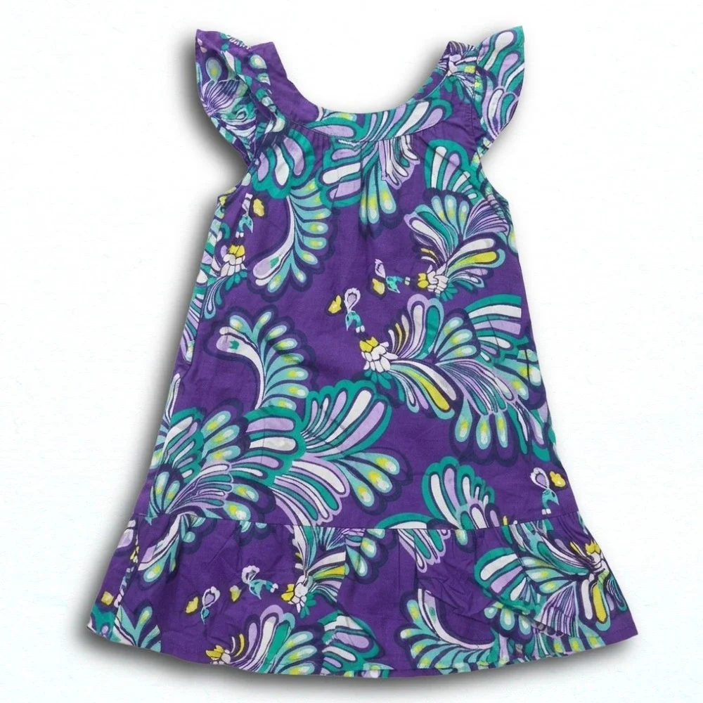 Old Navy Girls Purple Peacock Feather Print Flutter Sleeve Dress Size 6-7 Summer